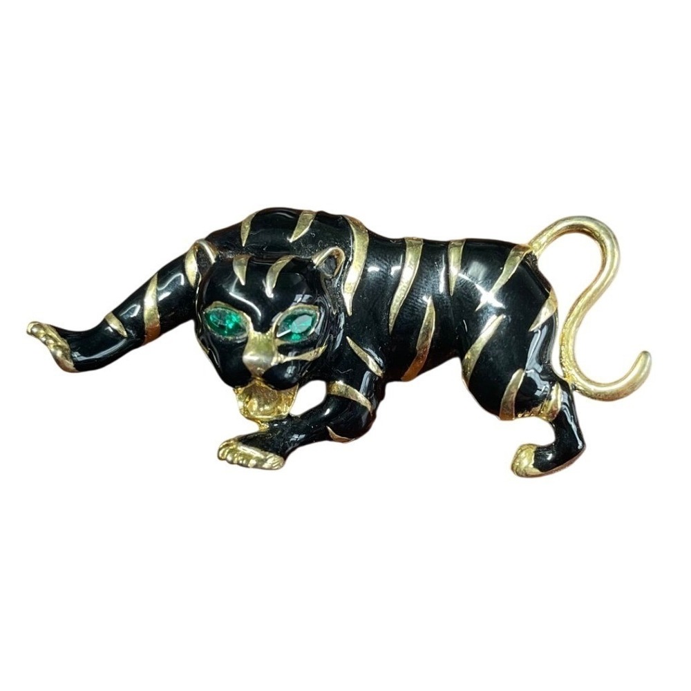 Vintage Black Enamel Panther Brooch Gold Tone Green Eyes Tiger Stripe Pin